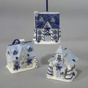   of 12 Blue China Porcelain House Christmas Ornaments