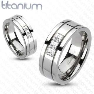 Solid titanium mens ring with triple CZ groved wedding band 
