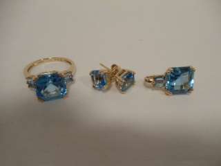 14K SOLID YELLOW GOLD BLUE TOPAZ SET OF RING EARRINGS AND ENHANCER 