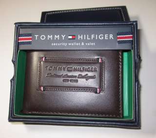 New TOMMY HILFIGER Mens Leather ID Card Wallet Brown Billfold Bifold 