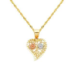  Gold Flower in Heart Charm Pendant with Yellow Gold 1.2mm Singapore 
