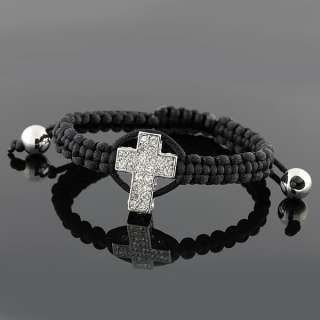 Black Adjustable Macrame Religious Cross White Crystals Unisex 