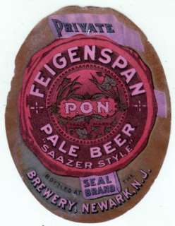   label newark nj rare pre pro feigenspan p o n pale beer seal brand