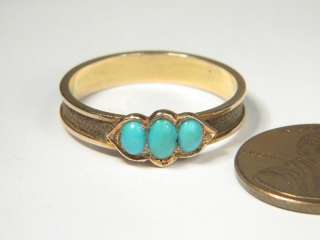   VICTORIAN ENGLISH 15K GOLD TURQUOISE HAIR MOURNING BAND RING c1890