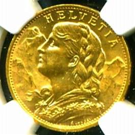 1922 B SWITZERLAND GOLD COIN 20 FRANCS NGC CERTIF GENUINE GRADED MS 64 