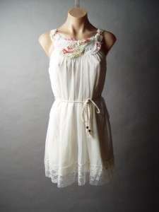 IVORY Chiffon Romantic Bib Lace Trim Tie Waist Slip Dress S  