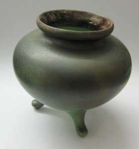 Signed art pottery TECO VASE FOOTED Bowl MATTE GREEN glaze Fritz 