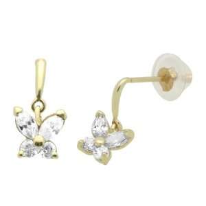   CZ Butterfly Drop Yellow Gold Earring W/ Safety Back For Kids & Teens