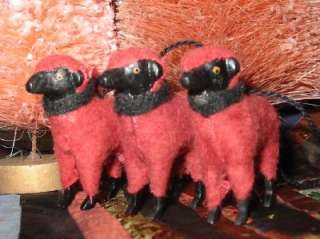 Vintage Style Tiny Red Wool Putz Sheep Ornies S/3  