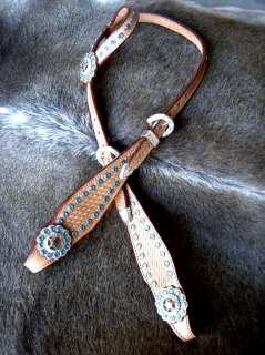 HORSE BRIDLE WESTERN LEATHER HEADSTALL TAN TURQUOISE BLING STAR RODEO 