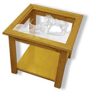 Glass Top End Table With Mountain Man and Mule Etched Glass   Mountain 