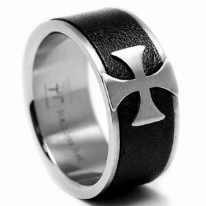   Leather Inlayed Stainless Steel Ring with Brushed Cross Design Size 11