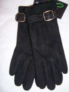 Black Cashmere Suede,Braided Wrist Strap Leather Gloves  