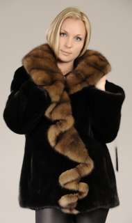New Black natural SAGA mink fur jacket with Canadian sable collar 