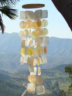 25SUNNY YELLOW WIND CHIMES MADE W/CAPIZ SHELLS IN EXOTIC INDONESIA 