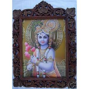  Child Krishna with Flute & Flower Wood Craft Frame 