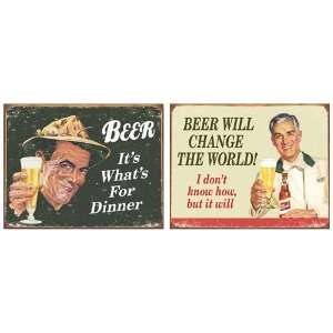  Humor Tin Metal Sign Bundle   2 retro signs: Beer For Dinner, Change 