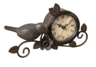 10L Metal Table Clock w/ Bird & Flower Rust Finish  
