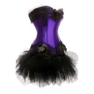 Precious Purple Long boned satin corset dress in black floral trim 