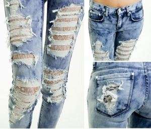 Distressed Ripped TIE DYE BLUE Skinny Jeans, Lace Lined, Destroyed, UK 