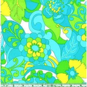  58 Wide Cotton Batiste Retro Poppy Green/Yellow Fabric 
