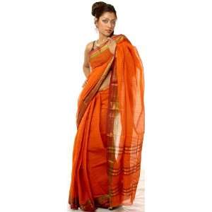  Orange Narayanpet Sari with Fine Checks   Pure Cotton 