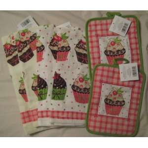   Cute Cupcake Kitchen Dish Towels Set with Pot Holders