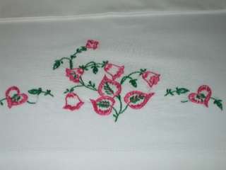 Vintage Pr Cotton Pillowcases~Embroidered Pink Flowers&Leaves  