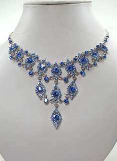 SAPPHIRE COLOR BLUE RHINESTONE CRYSTAL NECKLACE & EARRINGS SET C346 