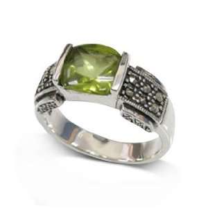 Genuine Marcasite and Cushion Peridot Deco Style Sterling Silver Ring 