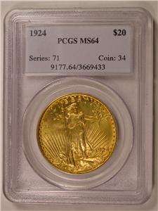 1924 $20 Saint Gaudens Double Eagle Gold PCGS MS 64.