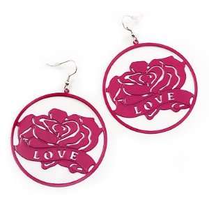  Deep Pink Rose & Love Hoop Earrings (Silver Tone Metal 