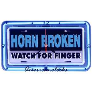 HORN BROKEN WATCH FOR FINGER Neon License Plate Wall Clock 