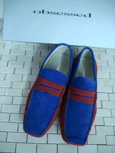 CAR SHOES DRIVING MOCCASIN Mens Genuine Suede Leather Red/Royal 5004 