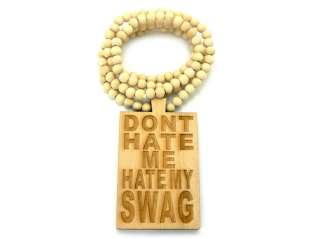 HIP HOP WOOD NECKLACE HATE MY SWAG PENDANT W/ 36 WOODEN BALL CHAIN 