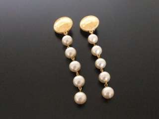 Authentic Chanel Vintage pearl drop long clip earrings  