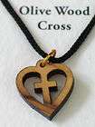   Olivewood Cross in Heart Pendant Necklace Holy Land Genuine Bethlehem