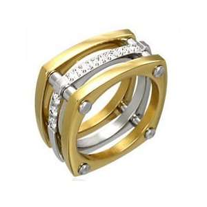  Stainless Steel 316L Ring Band Gold Plated Two Tone w/ CZ 