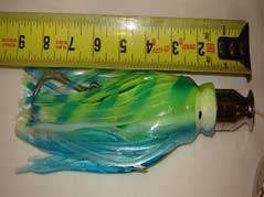 Lure is 8.5 inches with a 1.9 oz metal pusher head and 6 foot of 200 