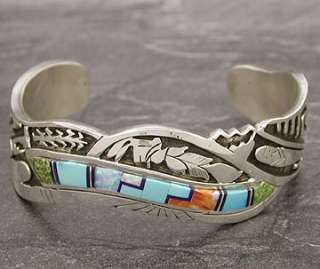 Native American Navajo Sterling Silver Multi Color Inlay Cuff Bracelet