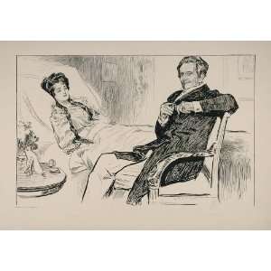 1901 Charles Dana Gibson Girl Sick Woman Bed Man Print   Original 