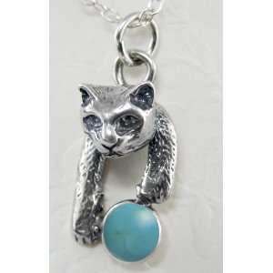 Sterling Silver Cat Head w/ Paws Holding a Genuine Turquoise ?Cute!