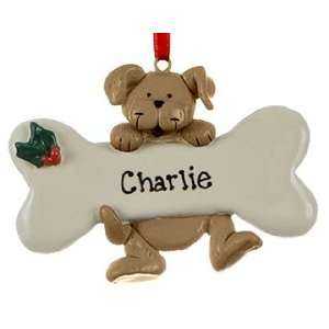  Personalized Dog Hanging on Bone   Tan Christmas Ornament 