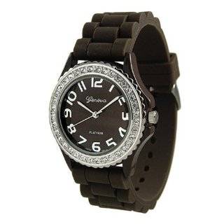 Brown Silicone Band Designer Style Crystal Bezel Watch Large Face