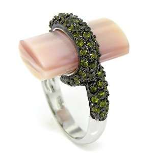 Jewel Box Large Cocktail Ring w/Pink Mother of Pearl & Olivine CZs, 7