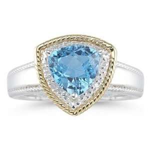Trillion Cut Blue Topaz and Diamond Ring in 14K Yellow Gold and Silver