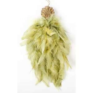  Box of 12 Celadon Green Feather Tassel Ornaments with Gold Cord 