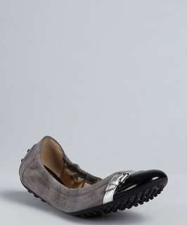 Tods ash black clay suede buckle detail patent toe flats