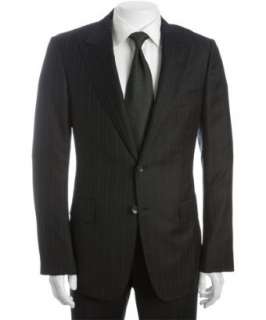 Gucci black subtle stripe wool blend two button suit with flat front 