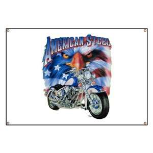  Banner American Steel Eagle US Flag and Motorcycle 